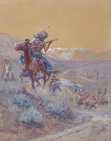 我们前面的舞台被印第安人袭击并烧毁（印第安人袭击）`The Stage Ahead of Us Had Been Attacked By Indians And Burned (Indian Attack) ( 1910) by Charles Marion Russell