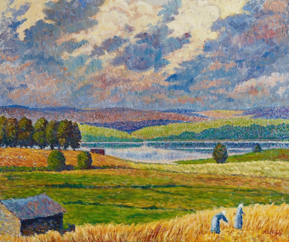 帕达斯约基风景`Landscape from Padasjoki (1918) by Alfred William Finch