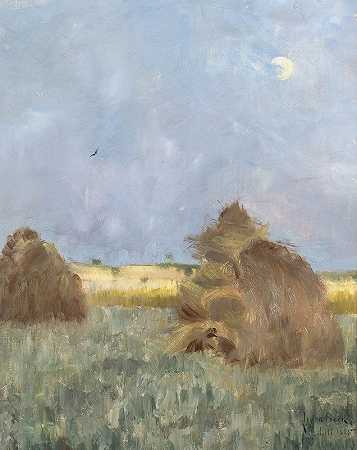 大公鸡。`Hay~Cocks by Moonlight (1885) by Moonlight by Julia Beck
