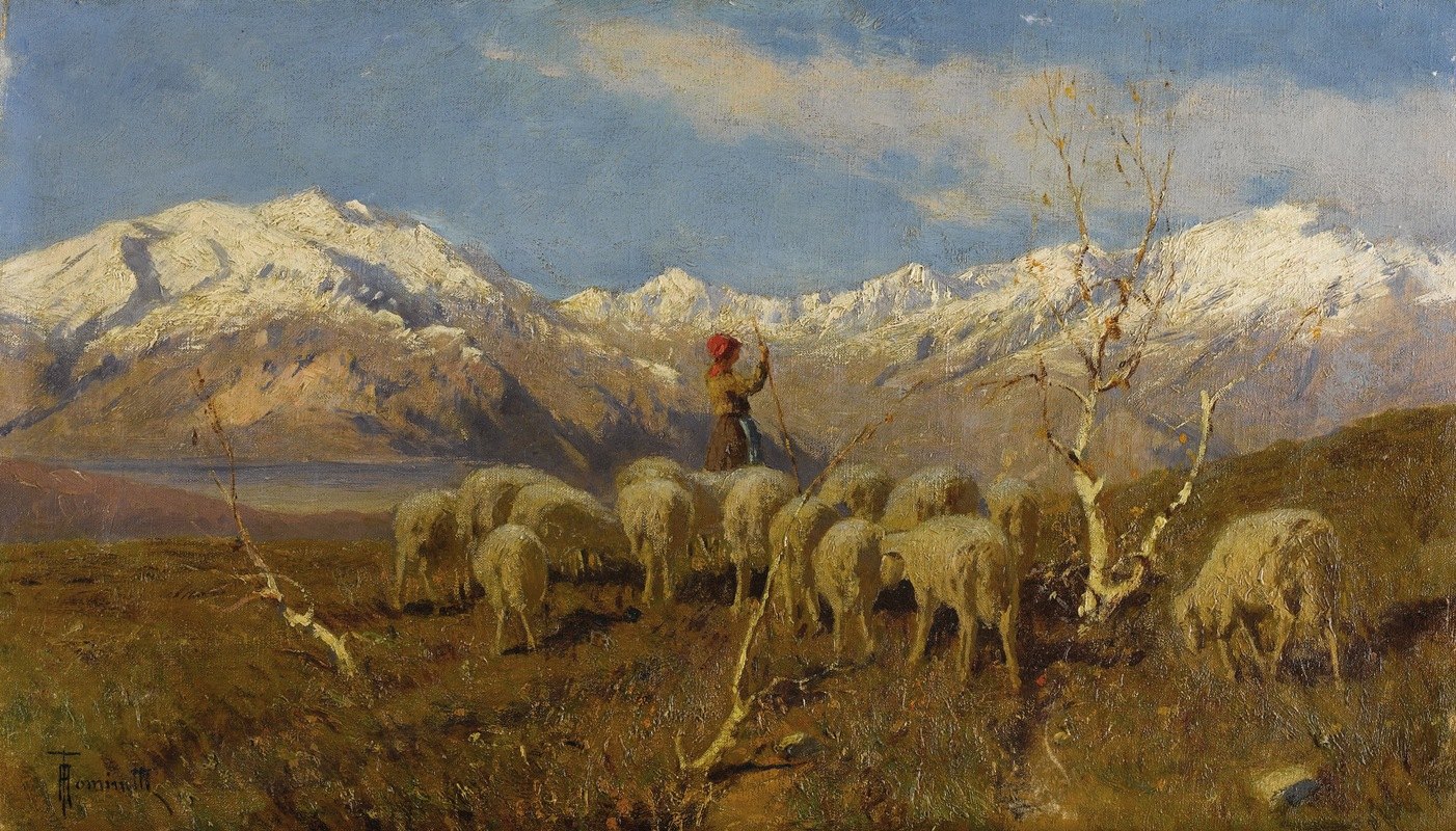 在阿尔卑斯山吃草的牧民和羊群`A Herder and Flock Grazing in the Alps by Achille Tominetti