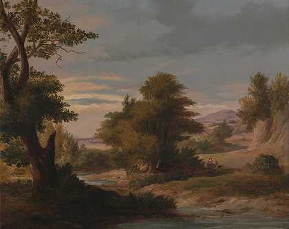 一片树木繁茂的河流景观，有母亲和孩子`A Wooded River Landscape with Mother and Child by James Arthur O;Connor