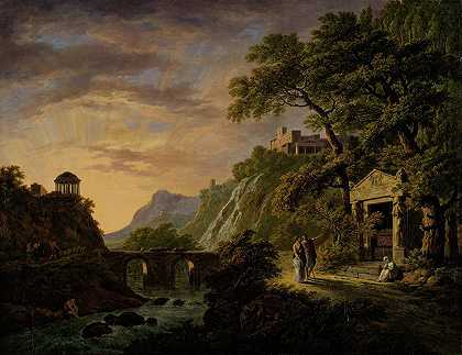 夕阳下的田园风光`Arcadisch landschap met ondergaande zon (1792 ~ 1809) by Daniël Dupré