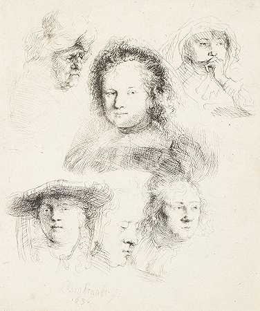 对萨斯基亚和其他人的研究`Studies of the Head of Saskia and Others (1636) by Rembrandt van Rijn