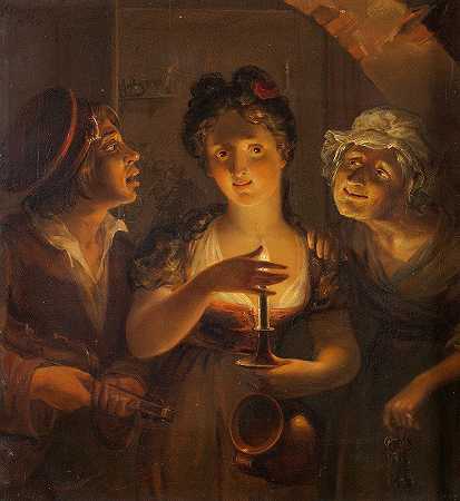 举着蜡烛的女孩站在小提琴手和老妇人之间`Girl Holding a Candle Standing between a Fiddler and an Old Woman (1830) by Pehr Berggren