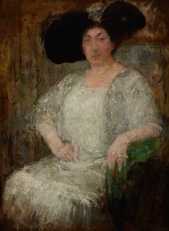 法国女作家加布里埃·R·瓦尔的肖像`Portrait of a French Lady~Writer Gabrielle Réval (1912) by Olga Boznanska