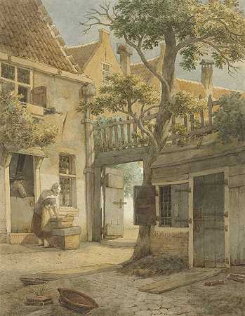阿姆斯特丹一个庭院的庭院`Binnenplaats van een hofje te Amsterdam (1814) by Daniël Kerkhoff