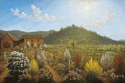 艺术家之景在米尔斯平原，范迪门和中国的土地`A view of the artists house and garden, in Mills Plains, Van Diemens Land (1835) by John Glover