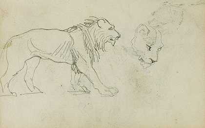 狮子走路，狮子头`Lion walking, head of a lioness (1812 ~ 1814) by Théodore Géricault