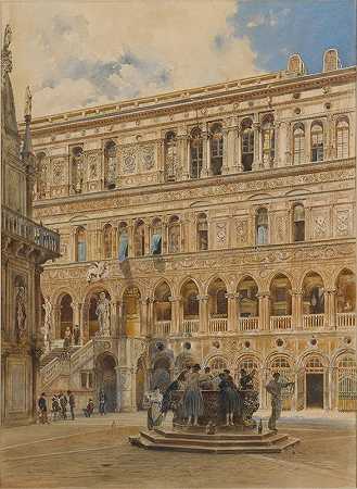 多格庭院威尼斯s宫`Courtyard of the Doges Palace, Venice by Rudolf von Alt