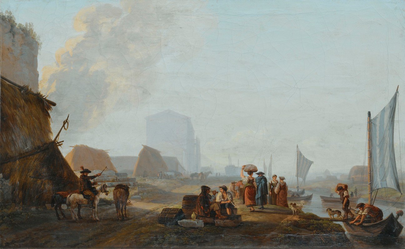 有船的河岸`The Shore Of A River with boats (1781) by Abraham-Louis-Rodolphe Ducros