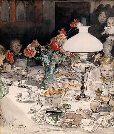 围绕着夜灯`Around the Evening Lamp (1900) by Carl Larsson