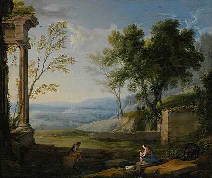 带有古代遗迹的古典景观，前景中的人物`Classical landscape with ancient ruins, figures in the foreground by Pierre Patel the elder