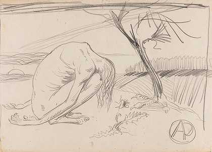 驼背的身影在一片神奇的风景中`Hunched figure in a fantastic landscape (1915) by Stanisław Ignacy Witkiewicz
