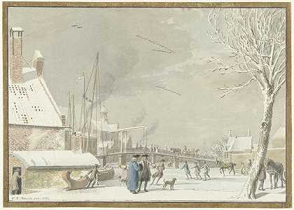 冰封的城市运河和滑冰者`Bevroren stadsgracht met schaatsers (1769) by Cornelis van Noorde