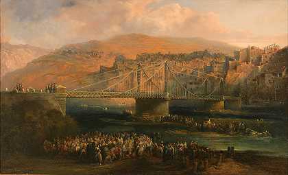 弗拉加市及其吊桥景观`View of City of Fraga and its Hanging Bridge (1850) by Genaro Pérez Villaamil