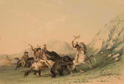 攻击灰熊`Attacking the Grizzly Bear (1844) by George Catlin