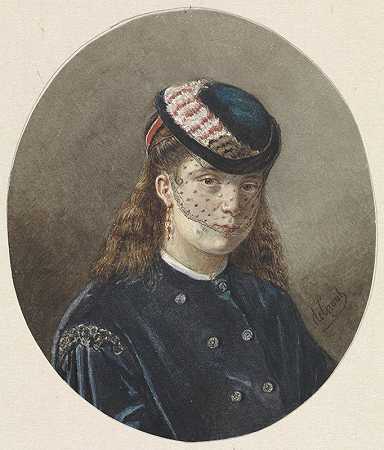 一位戴着带薄纱帽子的年轻女子的肖像`Portret van een jonge vrouw met hoedje met voile (1838 ~ 1899) by Joseph de Groot