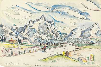从普罗旺斯的圣雷米看到的阿尔卑斯山`Les Alpilles Vue Depuis Saint~Rémy~De~Provence (1933) by Paul Signac