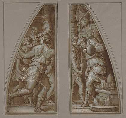 ;留胡子的男人在斟酒和青年跑步`Bearded Man Filling a Glass and Youth Running (1544–1545) by Giorgio Vasari