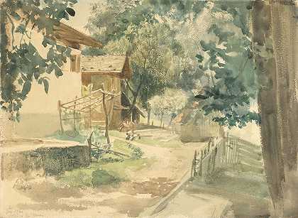 梅拉诺附近的农场`A Farmyard near Merano (1860) by Friedrich Eduard Meyerheim
