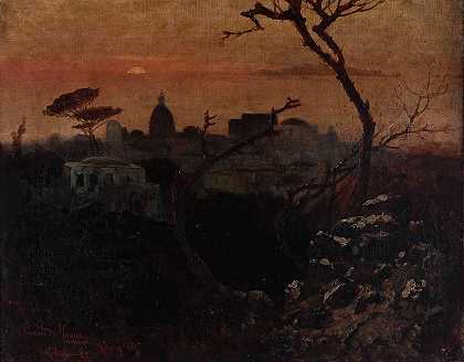 黄昏的罗马景色`Veduta di Roma al crepuscolo (1887) by Mario De Maria detto Marius Pictor