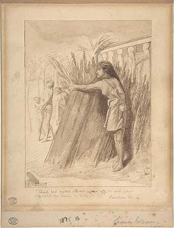 2月22日，米利暗在芦苇丛中观看摩西的发现`Miriam Watching the Finding of Moses in the Bulrushes February 22 (1859) by Simeon Solomon