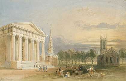 巴特利特对耶鲁大学和州立大学的看法研究`Study for Bartlett’s View of Yale College and Statehouse (before 1840) by William Henry Bartlett