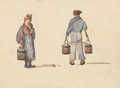 巴黎生活写生女人和男人提着水桶`Sketches from Life in Paris; Woman and Man Carrying Buckets (ca. 1835) by Ambrose Poynter