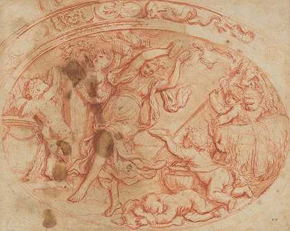 用酒神装饰椭圆形盘子的设计`Design for the Decoration of an Oval Dish with a Bacchanal (17th century) by Filippo Lauri