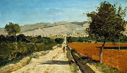 普罗旺斯风景。圣萨图宁莱斯公寓的景色。`Paysage de Provence. Vue de Saint~Saturnin~les~Apt. (1867) by Paul-Camille Guigou