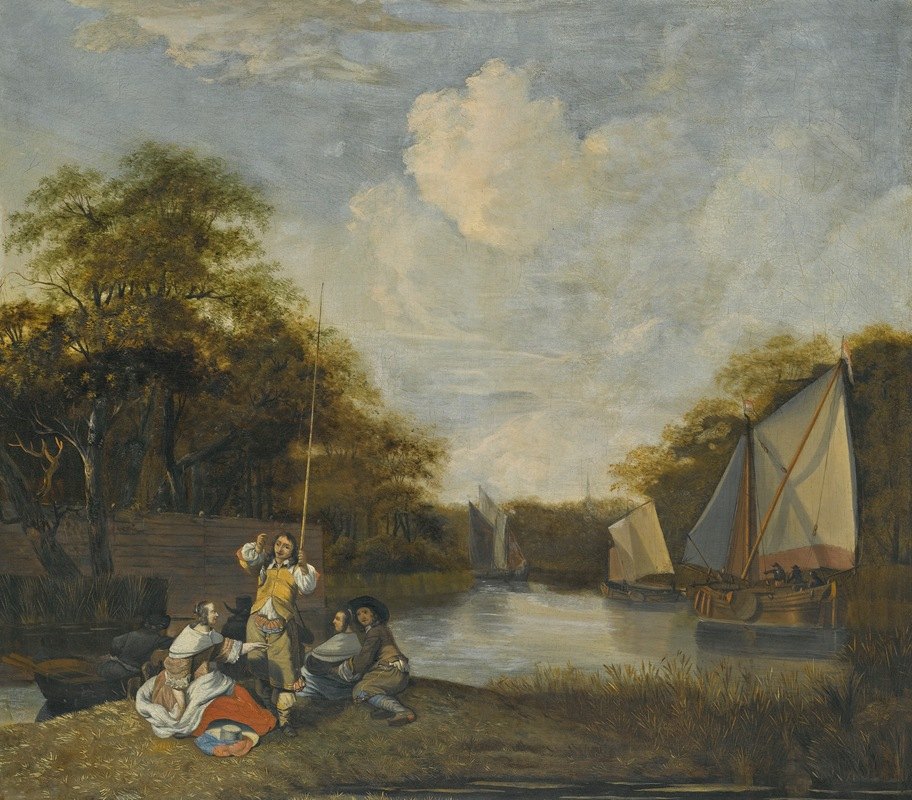 派对钓鱼的河流景观`River Landscape With Party Fishing by Jacob Esselens