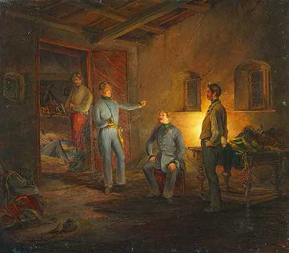 科帕尔斯昨晚和施莱赫塔上校在意大利的一个农舍里`Kopals letzte Nacht mit Oberst Schlechta in einer italienischen Bauernhütte (1850) by Franz Brudermann
