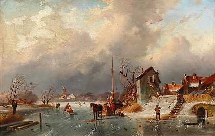冬季运河景观`Canal Landscape in Winter by Elias Pieter van Bommel