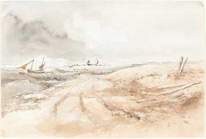 波涛汹涌的水面上有船只的岸边景色`Shore Scene with Boats in Choppy Water (first half 19th century) by British 19th Century