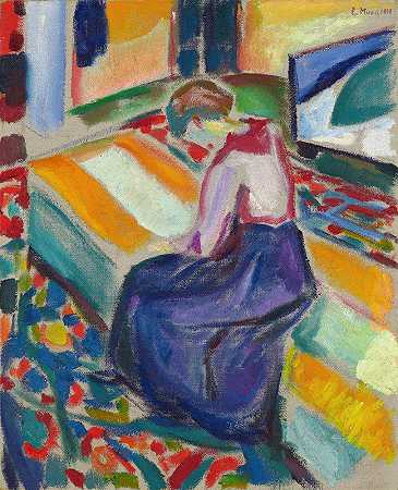 坐在沙发上的女人`Woman Seated on a Couch (1919) by Edvard Munch