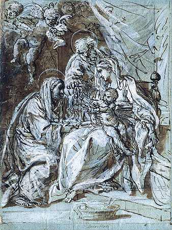 圣洁的家庭和圣安在读诗篇`The Holy Family and Saint Ann, Reading a Psalm (1679) by Niccolò Berrettoni