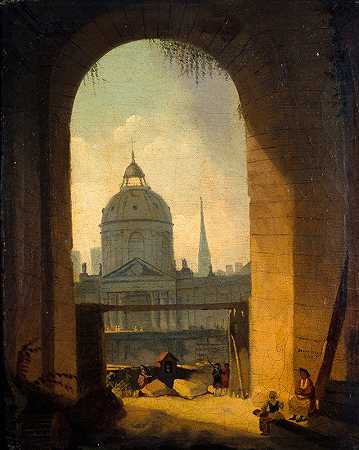 四国学院，从卢浮宫广场庭院入口`Le collège des Quatres~Nations, vu de lentrée de la cour carrée du Louvre (1780) by Pierre-Antoine Demachy