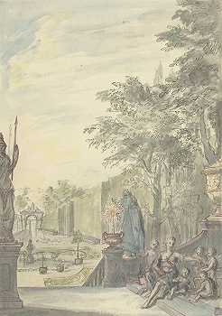 装饰花园的露台上看风景`Gezicht vanaf een terras in een ornamentale tuin (1705 ~ 1769) by Daniël Marot the younger 