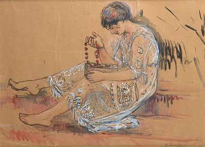 戴项链的女人（学习花园供品）`Femme Au Collier (Étude Pour Loffrande Au Jardin) (1917) by Henri Lebasque