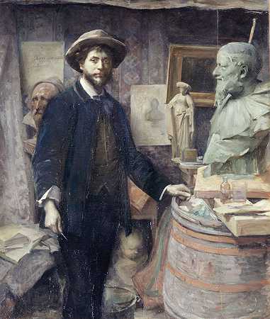 让·卡里斯在工作室的肖像`Portrait de Jean Carriès dans son atelier (1886~1887) by Louise Catherine Breslau