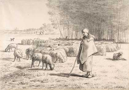 牧羊女和她的羊群`A Shepherdess with Her Flock (ca. 1852) by Jean-François Millet