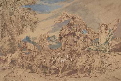 田园风光牧羊人和他们的羊群`Pastoral Scene; Shepherds and Their Flock by Michel Corneille the younger