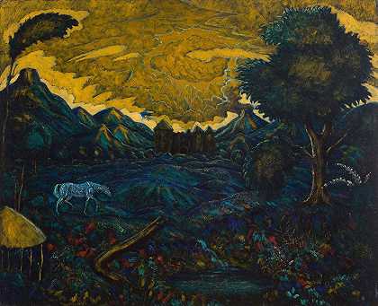 骑马的风景`Landscape with a Horse (1912) by Edward Middleton Manigault
