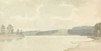 远处有一座乡间别墅的河景`River Scene with a Country House in Distance by Samuel Davis