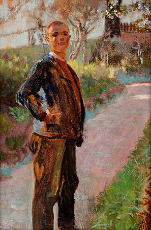 《风景与艺术家》他儿子在路上`Landscape with the Artists Son on a Path (1913~1917) by Jacek Malczewski