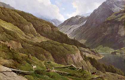 放牧山羊的山地景观`Gebirgslandschaft mit weidenden Ziegen by Anton Hlavacek
