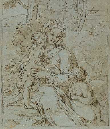 圣约翰坐在风景中的麦当娜和孩子`Madonna and Child with Saint John Seated in a Landscape (1670–1690) by Michel Corneille the younger