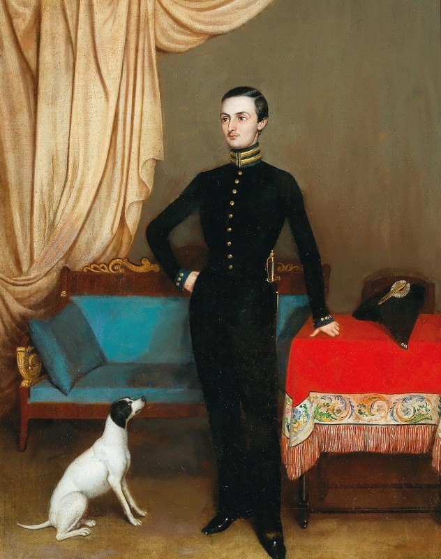 圣彼得堡大学法学院学生与狗的肖像`Portrait of a Law Student at the University of St Petersburg with a Dog (1846) by J. Sidko