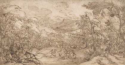 树木繁茂，猎鹿活动频繁`Wooded Landscape with Stag Hunt (late 16th–early 17th century) by Tobias Verhaecht