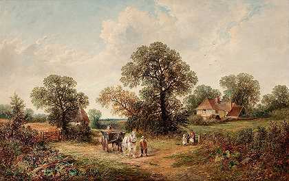 苏塞克斯景观（带干草车的乡村景观）`Sussex Landscape (Rural Scene with Hay Cart) (1884) by James Edwin Meadows